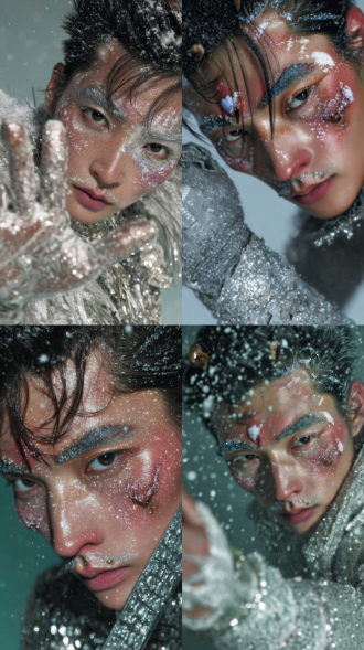 北欧冰雪时装走秀海报，立体五官女性模特，冲击力强，高冷表情，银色亮片长裙，冰晶装饰，雪地t台，极光背景，动态pose，广角镜头，高对比度，冷色调，侧逆光，快门捕捉动感，闪耀细节，未来感，强烈表现力