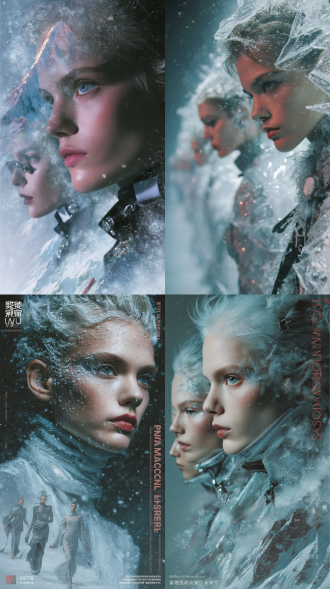 冰雪时装走秀海报，北欧女性，高颧骨立体五官，冷艳表情，动态姿势，冰川背景，极简高级时装，银色蓝色色调，强对比度，广角镜头，侧光，舞台灯光，雪花飘落，冷峻氛围，冲击力强，未来感，高清细节，模特走秀，冰雪反射，强烈表现力。