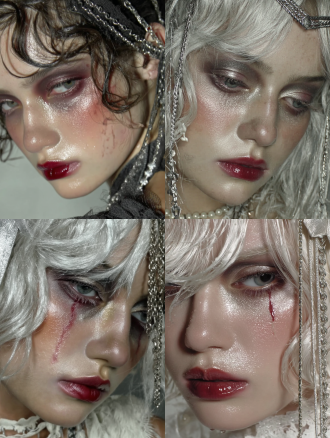 极简哑光底妆，超脱尘世美感，极度白皙粉底，深邃烟熏眼妆，金属色眼影，神秘瞳孔，深红哑光唇色，泪痕状晕染，殉道印记，晕开唇色，火吻焦灼红，蜡油高光，冷光皮肤，凌乱波浪卷，几何发型，金属链条发饰，光泽湿润发丝，虚无水汽，戏剧性层次感，超现实空灵，高对比度，柔焦镜头，侧光，冷色调，凝固瞬间，未来感，神秘氛围