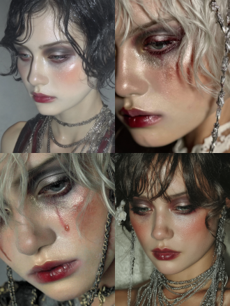 极简哑光底妆，苍白无暇，烟熏眼妆搭配金属眼影，深邃神秘，哑光深红唇色晕染如焦灼泪痕，颧骨锁骨高光蜡油冷光，凌乱波浪卷发搭配金属链条，湿润质感，超现实未来感，暗黑美学，戏剧性光影，冷色调，高对比度，肖像特写，超广角镜头，侧逆光，细腻纹理，忧郁空灵。