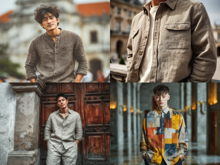 宽松街头风男衬衫，正面全身照，都市背景，简约设计感，中性色调，柔和自然光，广角镜头，低对比度，模特冷静自信表情，双手插袋，慢速快门，轻微动态模糊，环保理念，几何剪裁，大地色系，低调高级感。