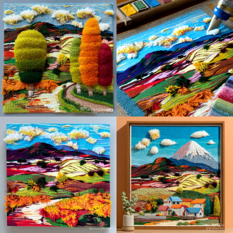 40cm×40cm手工艺编制画作，创意几何图案，色彩鲜明对比，成品效果精致，简易制作步骤，手工编织纹理，现代艺术风格，棉线与亚麻材质，暖色与冷色碰撞，层次感丰富，家居装饰风格，diy手工艺术，立体感强，视觉冲击力大，易上手设计