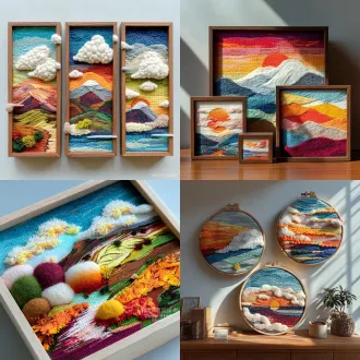 手工编织画，40x40cm，创意设计，羊毛毡元素，抽象几何图案，暖色调，柔和光线，简约风格，立体纹理，易操作，成品展示，精致细节，手工质感，色彩鲜明，现代感，柔和阴影，平面布局，材料质感突出，视觉平衡