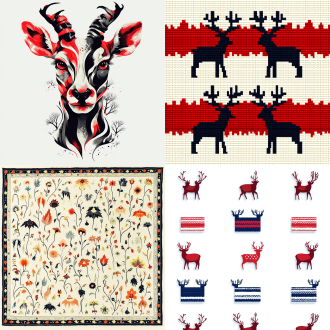 鄂伦春族手工艺编制画，对称构图，平面设计，民族图案，几何线条，红黑主色调，鹿角与森林元素，刺绣质感，简约风格，传统与现代结合，手工编织纹理，温暖自然光，文化象征，宁静祥和，民族服饰细节