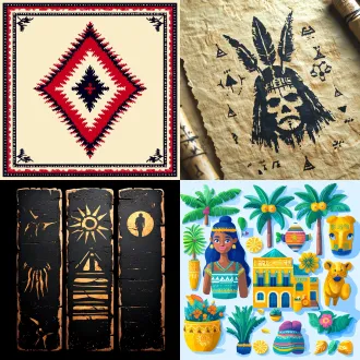 "鄂伦春族手工艺编织画，平面设计，民族特色浓郁，简洁线条构成，白桦树图案，白桦树皮房子，传统几何纹样，大地色系，手工质感，温暖色调，对称布局，自然元素，民族服饰细节，粗犷笔触，原始风格，文化象征"