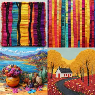 鄂伦春族手工艺编织画，平面设计，民族特色浓厚，白桦树与桦皮屋，对称构图，粗犷线条，自然色调，手工质感，传统图案，简约风格，暖色背景，细节精致，文化符号，原始氛围，民族服饰元素，纹理丰富，大地色系，宁静情感。