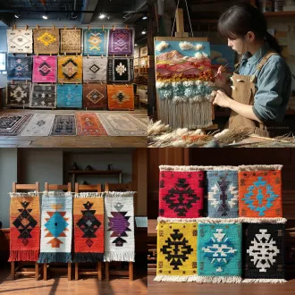 达斡尔族手工艺编制画，平面设计，几何图案，民族特色，对称布局，棉线与亚麻材质，大地色调，简约风格，手工编织纹理，自然元素，传统符号，中性背景，柔和光线，细节清晰，文化传承，创意表达。