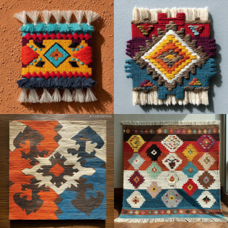 达斡尔族手工编织画，40x40cm平面设计，棉线与亚麻材质，几何民族图案，对称构图，简约风格，暖色调，自然光，精细纹理，文化符号，菱形与波浪纹，浅棕与深蓝对比，手工质感，传统工艺，平面视角，高清细节，柔和阴影，民族特色，创意排列。