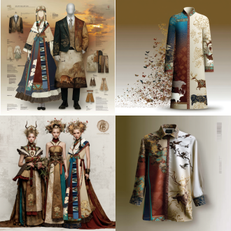 高级定制鄂伦春族创意礼服，山林织梦主题，平面草稿图，全构图，民族图腾抽象变形，熊鹿飞鸟纹样，非遗刺绣细腻，立体雕刻工艺，山林绿兽皮棕云白落日金色系，垂坠感面料，肌理感材质，领口袖口裙摆暗纹刺绣，传统与现代融合，仪式感灵动美学，自然人文共生，精细线条，水彩质感，柔和光影，文化底蕴。