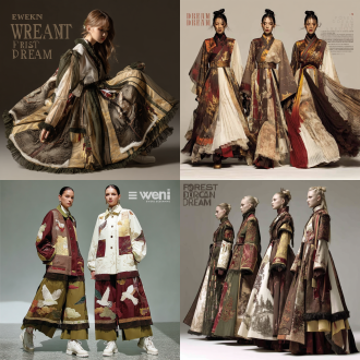 鄂伦春族礼服《山林织梦》，模特身着垂坠感礼服，抽象熊鹿鸟图腾刺绣，立体雕刻工艺，层叠裙摆如远山轮廓，领口袖口暗纹装饰，传统山林绿兽皮棕云白落日金色系，现代高级剪裁，自然光柔焦，浅景深，动态旋转姿态，优雅神秘，非遗文化与当代美学融合，仪式感与灵动并存，超高清细节，暖色调侧光，民族图腾与现代廓形碰撞