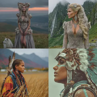 鄂伦春族少女身着轻量化礼服，头戴融合图腾元素的头饰（鹿耳、熊爪纹、云纹、山纹），桦皮质感与羽毛、合金、树脂材质混搭，激光雕刻与手工编绳细节，置身雾霭山林，现代简约构图，低饱和度色调，柔光，微距镜头，仪式感，静谧虔诚，创新民族风