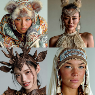 鄂伦春族女性，轻量化礼服头饰，现代简约设计，自然崇拜图腾（鹿耳、熊爪纹、云纹、山纹），桦皮肌理与羽毛合金树脂材质，手工缝制雕刻，时尚民族风，仪式感，正面肖像，柔和自然光，浅景深，细腻肤色，静谧表情，中性色调背景，山林灵韵，高清晰度，摄影棚灯光，柔焦效果，85mm定焦镜头，低饱和度，高级质感，端庄优雅