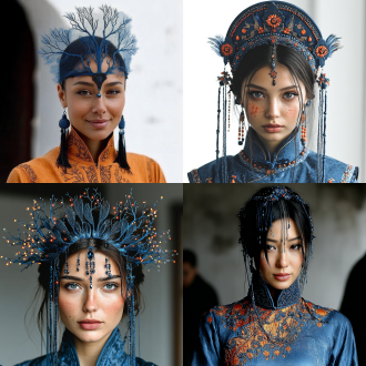 鄂伦春头饰设计，传统与现代结合，精致刺绣，珠串装饰，羽毛元素，对称构图，深蓝与金色主色调，自然光线，特写镜头，高细节纹理，民族图案，文化象征，手工质感，简约背景，聚焦中心，温暖色调，细腻光晕，民族文化气息