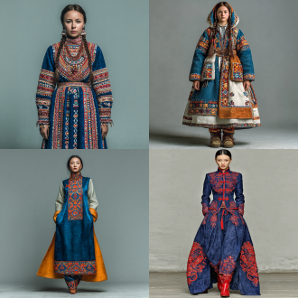 鄂伦春族职业装设计展示，现代轻民族风，h型微宽松西装搭配直筒半身裙，麂皮绒拼接与桦皮几何纹刺绣，藏青主色调配鄂伦春红点缀，简约大气，细节精致，模特站立姿态端庄，柔和自然光，浅灰蓝背景象征湿地，专业摄影，50mm定焦镜头，高分辨率，细腻质感，文化融合，自信优雅