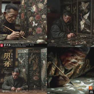 **核心提示词：** masterpiece, ultra-detailed, professional poster design, a3 size (297x420mm), 300dpi, cinematic lighting, chinese lacquerware with mother-of-pearl inlay (raden), hundred birds朝phoenix theme, magical realism, **场景描述：** in the lower left corner, an elderly chinese artisan (70 years old, gray hair, wearing glasses) is meticulously inlaying mother-of-pearl pieces onto a black lacquer jewelry box. his expression is focused and serene. from the jewelry box, mother-of-pearl birds are coming to life and flying out: a white crane with iridescent blue edges, a peacock with rainbow-colored tail, a golden oriole. the birds fly in an elegant spiral trajectory toward the upper right. in the upper right, a large six-panel folding screen displays a complete "hundred birds朝phoenix" scene in exquisite mother-of-pearl inlay. the phoenix is radiant with golden light. the flying birds are joining the scene on the screen, completing the artwork. **视觉风格：** extreme detail of mother-of-pearl: iridescent, pearlescent, opalescent, shimmering with rainbow colors when light hits. dramatic side lighting from left, creating strong contrast between dark background and luminous subjects. black lacquer background with wood texture visible. photorealistic, 8k resolution, studio quality photo, depth of field, focus on the artisan's hands and flying birds. traditional chinese aesthetic with contemporary composition. **技术参数：** aspect ratio: 297:420 (portrait), professional color grading, cmyk color profile for print, sharp focus, no blur, intricate details visible even at 300% zoom. **排除项：** avoid: text on image, modern elements, western style, cartoonish, blurry, low quality, symmetrical composition.