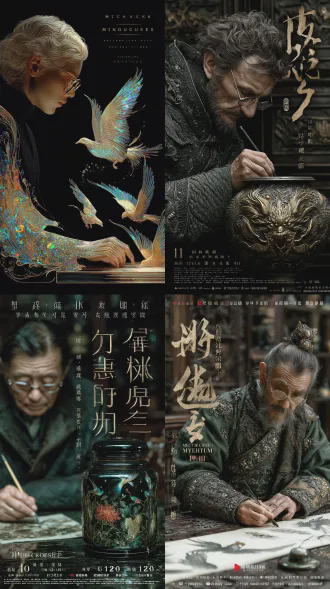 **核心提示词：** masterpiece, ultra-detailed, professional poster design, a3 size (297x420mm), 300dpi, cinematic lighting, chinese lacquerware with mother-of-pearl inlay (raden), hundred birds朝phoenix theme, magical realism, **场景描述：** in the lower left corner, an elderly chinese artisan (70 years old, gray hair, wearing glasses) is meticulously inlaying mother-of-pearl pieces onto a black lacquer jewelry box. his expression is focused and serene. from the jewelry box, mother-of-pearl birds are coming to life and flying out: a white crane with iridescent blue edges, a peacock with rainbow-colored tail, a golden oriole. the birds fly in an elegant spiral trajectory toward the upper right. in the upper right, a large six-panel folding screen displays a complete "hundred birds朝phoenix" scene in exquisite mother-of-pearl inlay. the phoenix is radiant with golden light. the flying birds are joining the scene on the screen, completing the artwork. **视觉风格：** extreme detail of mother-of-pearl: iridescent, pearlescent, opalescent, shimmering with rainbow colors when light hits. dramatic side lighting from left, creating strong contrast between dark background and luminous subjects. black lacquer background with wood texture visible. photorealistic, 8k resolution, studio quality photo, depth of field, focus on the artisan's hands and flying birds. traditional chinese aesthetic with contemporary composition. **技术参数：** aspect ratio: 297:420 (portrait), professional color grading, cmyk color profile for print, sharp focus, no blur, intricate details visible even at 300% zoom. **排除项：** avoid: text on image, modern elements, western style, cartoonish, blurry, low quality, symmetrical composition.