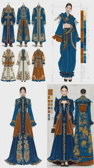 我给你提供了模板，根据我给你的模板，来进行创作。要求模特一致，一致是平面，全身。设计俩套服装效果图。