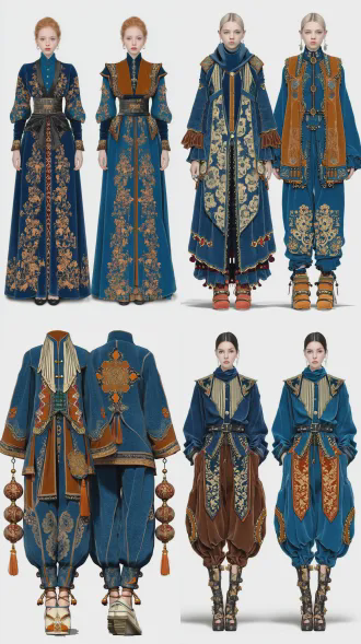 我给你提供了模板，根据我给你的模板，来进行创作。要求模特一致，一致是平面，全身。效果相似，服装有变化设计俩套服装效果图。布料一致