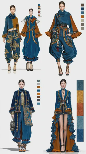 模特全身平面照，俩套服装设计，布料同花纹少，构图效果相似，写实风，自然光，暖色调，静态展示。