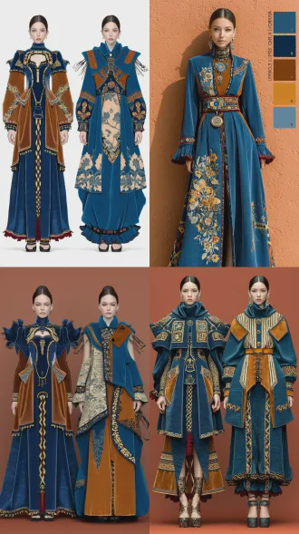 模特全身平面照，俩套鄂伦春族风服装设计，布料同少花纹，构图、光影效果相似，暖光，民族元素，端庄姿态。