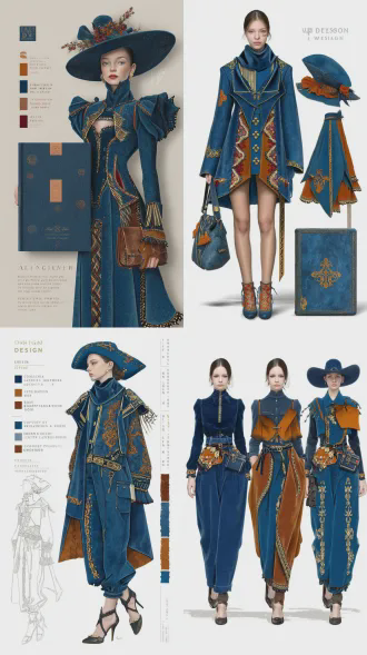 依据服装效果图设计包与帽饰，三分构图，时尚风，室内，长焦镜头，顶光，创意设计，色彩协调，现代感。