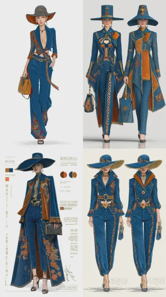 包和帽饰设计效果图，与服装搭配，三分构图，时尚风，室内场景，微距镜头，顶光，色彩协调，创意元素，精致感。