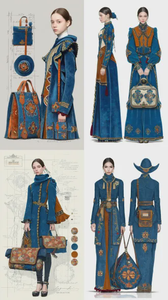 根据我提供的服装效果图，来设计包和帽饰的效果图，单独把包设计出来