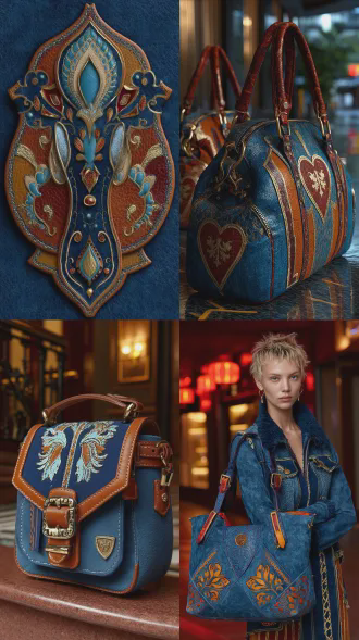 手提包设计，对称构图，都市环境，皮革质感，冷色调，特写镜头，顶光，精致，时尚，优雅。