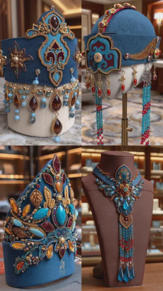 头饰设计，对称布局，珠宝店环境，微距镜头，暖光，精致元素，丰富色彩，华丽风格，优雅气质。