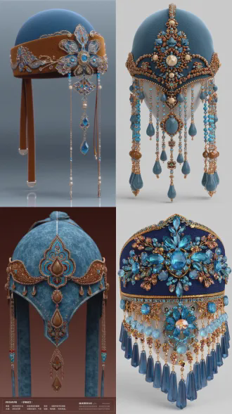 头饰设计，居中构图，简洁风格，空白背景，正面视角，高清质感，暖光，金属与宝石元素，冷色调，精致感。