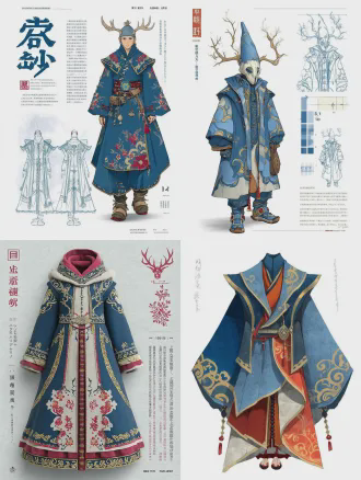 根据我给你的服装来生成相呼应的图案，图案是平面，从服装上提取融合，要有鹿萨满元素，不要生成衣服。