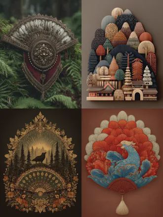 鄂伦春族扇子设计，居中布局，传统图案，森林环境，暖棕色调，微距镜头，顶光，精细绘制，文化关联，庄重。