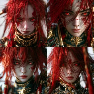 imagine prompt: extreme close-up headshot portrait of the exact same person from the reference image, a fantasy female warrior, bright messy long red hair, piercing glowing red eyes, pale skin with subtle crimson facial markings on forehead and cheek, red war paint accents, black and gold ornate high-collar armor, neutral expression, front-facing, preserve precise facial features and face shape exactly as reference, plain white background, studio lighting, clean lineart, high detail, character design sheet