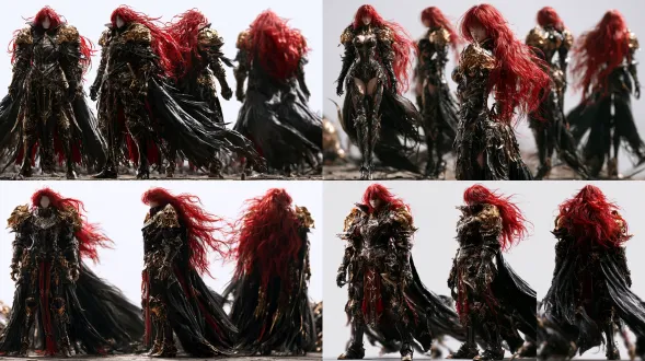 imagine prompt: character turnaround reference sheet, three full-body views of the same character: front view, side view, back view, arranged horizontally, orthographic, consistent proportions, faceless, no facial features, blank face, featureless face, long messy bright red hair, wearing the exact same black and gold ornate fantasy armor from the reference image, high collar, golden shoulder details, dark flowing cape, neutral standing pose, flat color, clean lines, plain white background, full body shot, concept art, character design sheet
