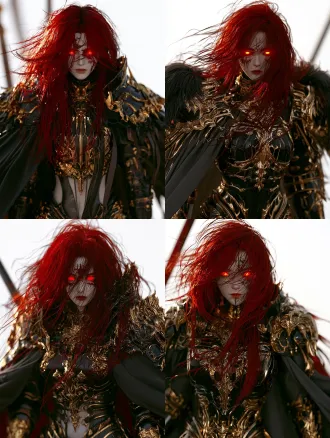 imagine prompt: full body front view of a fantasy female warrior, standing straight, orthographic, bright messy long red hair, glowing red eyes, facial markings, wearing black and gold ornate heavy fantasy armor, dark flowing cape, armored legs and boots, plain white background, studio lighting, clean lineart, high detail, concept art, character design