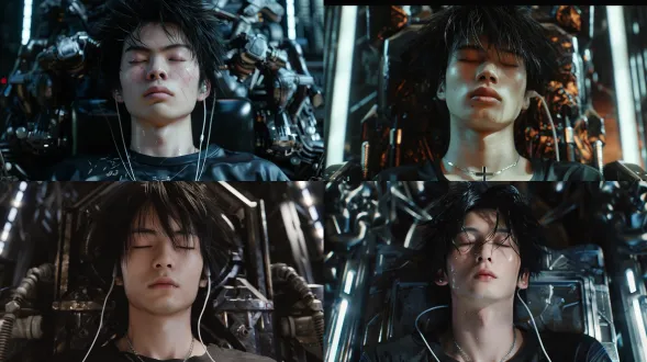 a cinematic medium close-up shot of a handsome young asian man with messy black hair, pale skin, and closed eyes with a calm expression. he is wearing a tight black t-shirt and a silver cross pendant necklace. thick white cables are plugged into his ears and head. behind him is a massive, dark biomechanical throne made of glossy, organic metal with sharp edges. cinematic lighting, dramatic shadows, rim light on his face, subtle bokeh lights in the dark background. photorealistic, hyper-detailed skin texture, highly detailed hair strands, 8k resolution, shot on 85mm lens, depth of field, sci-fi movie still, unreal engine 5 render.