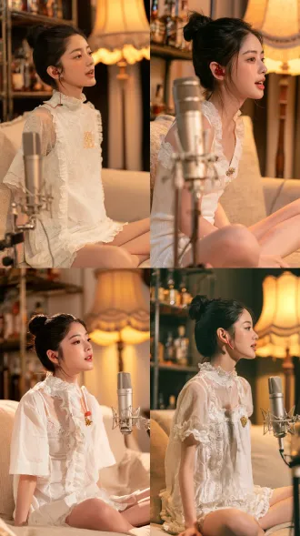 photorealistic, 20s young beautiful east asian woman, sleek black hair in high bun, soft gentle expression, slightly open mouth singing, fair dewy skin, delicate makeup, wearing white lace ruffle trim tight low cut camisole dress, sitting cross legged on soft beige fabric sofa, professional silver condenser microphone on stand beside, red in ear monitor, tiny gold glitter decoration on chest, warm cozy home live stream room background, blurred metal shelf with liquor bottles, vintage beige fabric lampshade floor lamp casting warm yellow light, soft studio key light, shallow depth of field, natural lifelike skin texture, cinematic portrait, ultra high detail, 8k, shot on 50mm f1.4 lens,