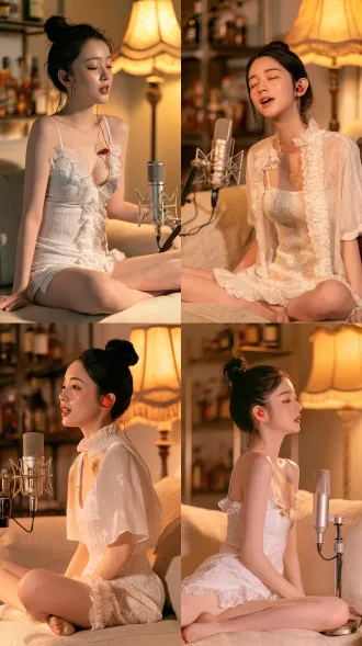 photorealistic, 20s young beautiful east asian woman, sleek black hair in high bun, soft gentle expression, slightly open mouth singing, fair dewy skin, delicate makeup, wearing white lace ruffle trim tight low cut camisole dress, sitting cross legged on soft beige fabric sofa, professional silver condenser microphone on stand beside, red in ear monitor, tiny gold glitter decoration on chest, warm cozy home live stream room background, blurred metal shelf with liquor bottles, vintage beige fabric lampshade floor lamp casting warm yellow light, soft studio key light, shallow depth of field, natural lifelike skin texture, cinematic portrait, ultra high detail, 8k, shot on 50mm f1.4 lens,