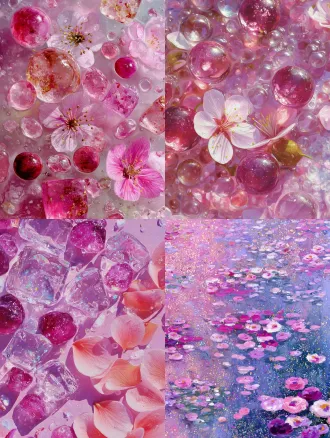 海报设计，玻璃糖纸颗粒油画点彩莫奈，且梦幻高饱和度明度，粉红色，玫红色，淡粉色渐变，波光粼粼，大师构图艺术感，设计感。很多冰块和，葡萄，西梅，小块水晶在清澈透明的水下，还有很多美丽的粉色花瓣，