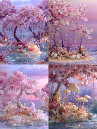 在柔和渐变的粉紫天空下，构建一座梦幻海岛场景。有蜿蜒如蓝水晶般的樱花树，枝头开满粉白樱花，树上悬挂着精致水晶吊饰、贝壳风铃。树下是珍珠、贝壳、珊瑚组成的奇幻地貌，周围是波光粼粼的海水，整体风格华丽梦幻，充满童话般的浪漫与精致细节，呈现出超现实的唯美氛围 ，用细腻的光影和色彩渲染，打造出如水晶般剔透的质感 。