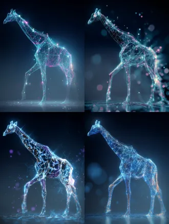 全息光抽象长颈鹿，发光线条粒子，未来世界。