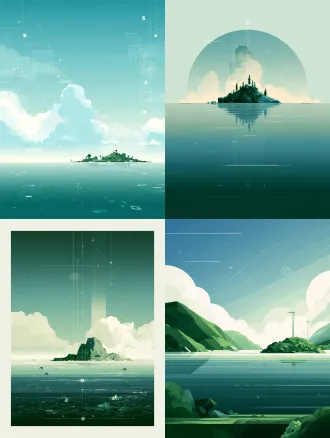 海洋海岛扁平插画，简约现代，国际主义设计，低饱和青绿蓝调，几何化元素，金融线条点缀，可持续发展符号，数字艺术，扁平化，极简构图，柔和漫光，干净通透。