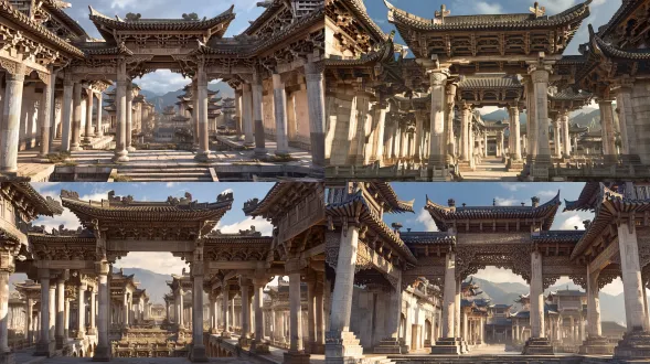 古代中国传统建筑亭台楼阁的柱廊景观。石柱和木梁支撑着精美的飞檐，屋顶装饰有精细的雕刻纹样和吉祥物。清晨日光照射整个建筑，光影柔和自然，过渡流畅没有割裂感。石柱表面呈现均匀的灰白色，有岁月沧桑感但没有花斑纹理。深棕色的木梁和横档显示出厚重的古韵，纹理清晰但协调一致。远景中其他古建筑在山峦背景中若隐若现，晨雾中显得神秘而优雅。整体色调温暖统一，以米色、灰色、深棕色为主，视觉舒适和谐。画面质感真实厚重，如同专业建筑摄影作品，没有任何数字噪点、人工感或不协调的斑纹。光线均匀分布，材质表现自然逼真。电影级别的视觉效果，8k超清画质，专业大片风格。