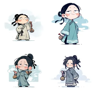 q版正比二头身，圆乎乎脸蛋，白白净净，眉眼弯弯带着一点醉意，眼尾微微上挑，灵动洒脱。乌黑束发，高马尾用墨色发带绑住，几缕碎发垂在脸颊旁。身穿宽松青白色古风交领长袍，衣摆袖口有淡墨山水暗纹，袖子宽大蓬松。一手抱着小小的酒葫芦，葫芦棕褐色，挂红绳；另一手随意背在身后。体态微微晃悠，像喝醉了脚步轻飘飘，笑容随性不羁。背景简约淡青色云雾，平涂质感，低饱和国风配色，线条干净柔和，可爱治愈，无多余杂物。