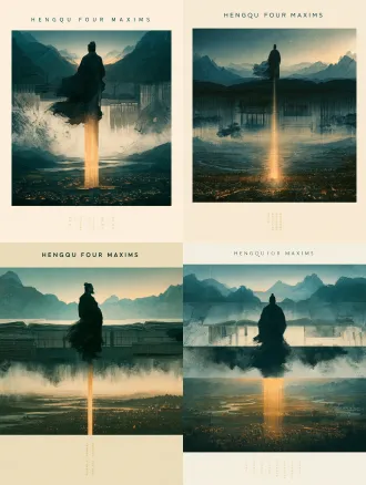 a cultural theme poster reflecting the spirit of chinese song-ming confucianism. at the center stands the back of an ancient scholar between heaven and earth, robes gently blown by the wind, posture calm and resolute. above are celadon-blue mountains and dawn light; in the middle are layered images of open ancient books, bamboo slips, academy windows, and ink-wash textures; below are rivers, fields, city walls, and thousands of homes with lights. a warm golden pillar of light runs from the sky through the figure to the earth, symbolizing the spiritual inheritance of "establishing the heart for heaven and earth, establishing the destiny for the people, continuing the lost learning of the sages, and opening peace for ten thousand generations." the visual language combines song-dynasty painting aesthetics with modern conceptual poster design, using celadon blue, rice white, ink black, and dark gold, with generous negative space, subtle paper texture, ink-wash layers, solemn, vast, clear, and culturally responsible atmosphere. at the top, the restrained modern serif title reads "hengqu four maxims." at the bottom, vertical small text reads "为天地立心，为生民立命，为往圣继绝学，为万世开太平." the text is clear, dignified, pale gold, and does not overpower the image. cinematic eastern humanistic illustration, high-level graphic design, rich detail, 8k,