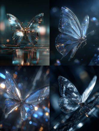 银蓝色金属蝴蝶悬浮于黑暗星空，科幻风格，几何线条，流光溢彩，蝶翼半透明折射星光，未来感材质，微距镜头，冷色调，霓虹光晕，动态模糊，神秘氛围，科技感细节，高光反射，深邃背景，抽象构图，赛博朋克元素，金属光泽，梦幻科技，极简主义，对称布局，高动态范围，镭射光效，粒子特效，超现实。