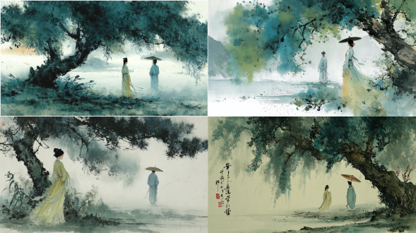 泼墨晕染，绿叶大树下，淡黄长裙女子飘逸轻盈，裙摆丝带随风，清冷俊美若隐若现，远处淡蓝衣男子撑伞背对立，烟雾渐变，落日余晖，烟雨朦胧，大面积晕染留白，禅意水墨，对角线构图，广角镜头，柔焦，逆光，低饱和度，冷色调，凄美诗意，动态模糊，意境深远。