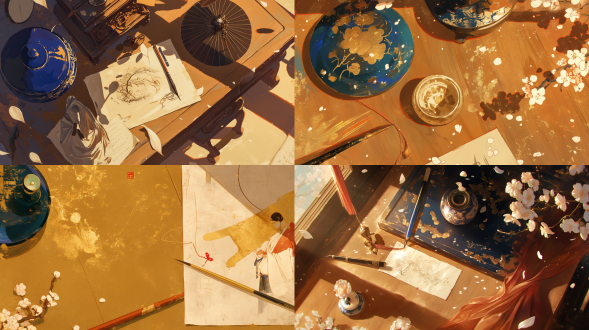 俯视书案特写，洒金笺墨迹未干，青瓷笔洗晕染墨汁，朱砂笔尖悬垂，蝇头小楷信纸半露诗句，丁达尔光柱穿透浮尘梨花瓣，生宣纸本设色雨润桃花效果，泥金勾边服饰细节，做旧包浆处理，微距镜头，浅景深，柔光，古典文人书房，静谧忧伤，暖棕主色调