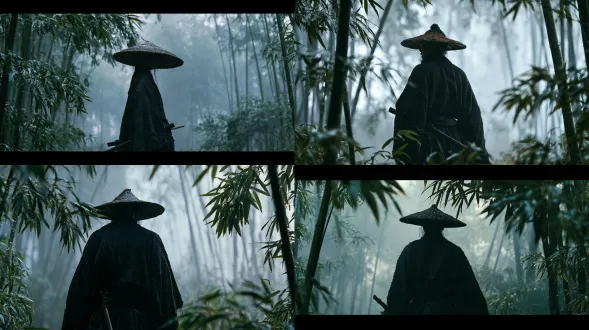 孤剑侠行雨竹，分层构图，雨雾竹林，粗麻黑袍竹笠，腰间佩剑，35mm胶片，侧逆光，晨雾朦胧，竹叶水滴，冷青灰色调，孤寂诗意，电影颗粒，无动漫无特效无塑料肤。