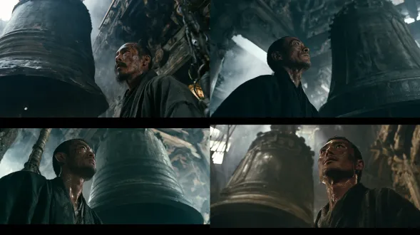 孤绝武僧立于古刹巨铜钟旁，仰首静默，饱经风霜面容，湿肤黑袍，低角度构图，空间分层，寺中薄雾，35mm胶片，侧逆光，冷青灰哑铜色调，无动漫无夸张特效无亮面海报无过饱和色
